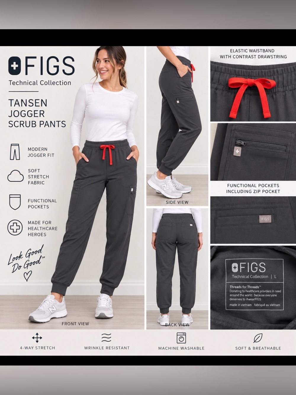 FIGS Tansen Jogger Scrub Pants in Charcoal with Red Drawstring Size L